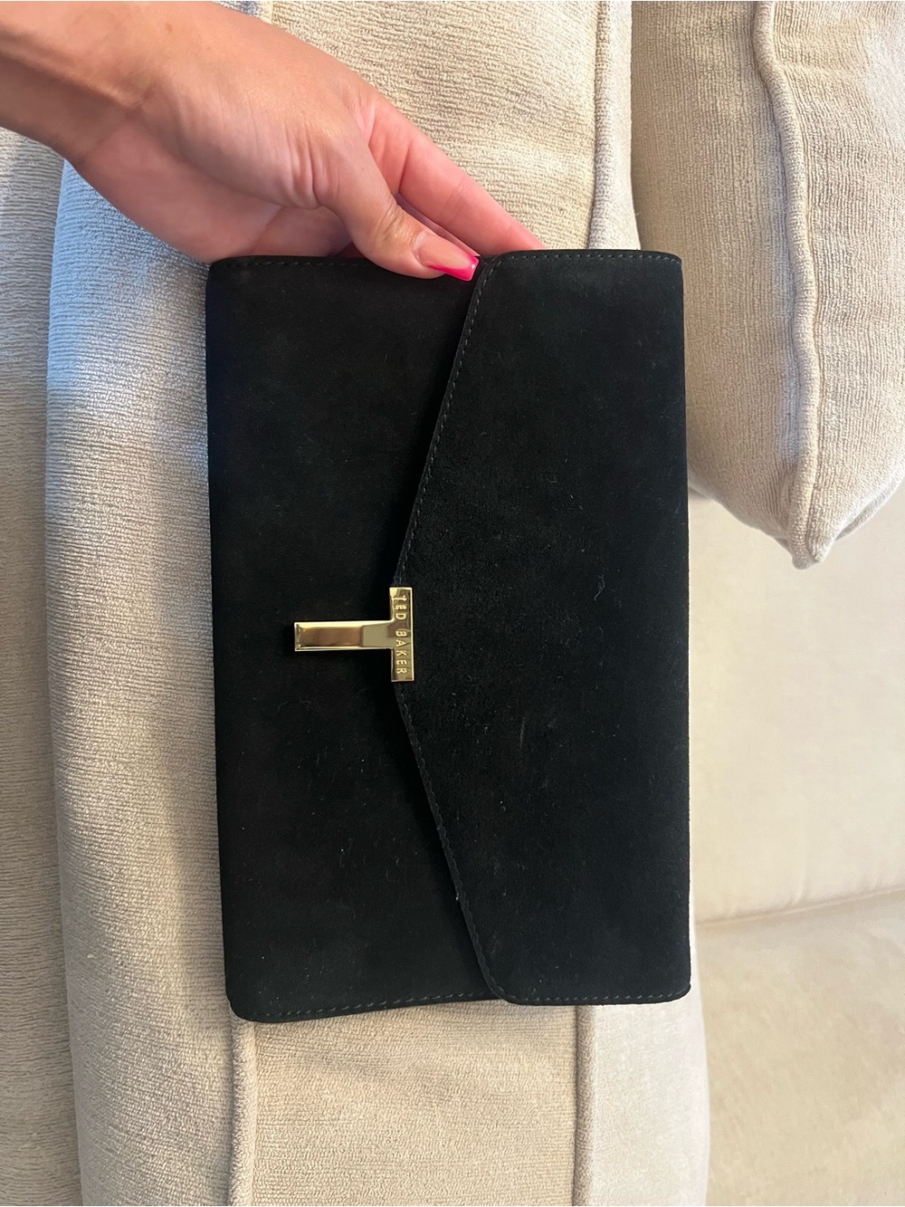 Ted Baker London Black Suede Crossbody Clutch with Gold Hardware